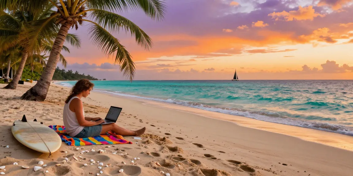 Individu santai di https://miami4d.com/ di pantai tropis saat matahari terbenam, laptop terbuka di atas pasir lembut.