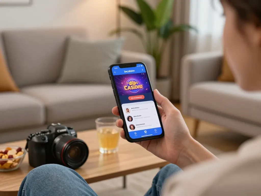 Engaging with the incakoin casino app while relaxing at home, showcasing responsible digital gaming.