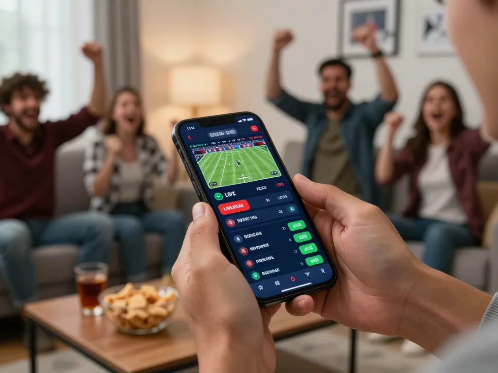 Experience winstrike69 sports betting excitement with live odds on mobile in a lively home setting.