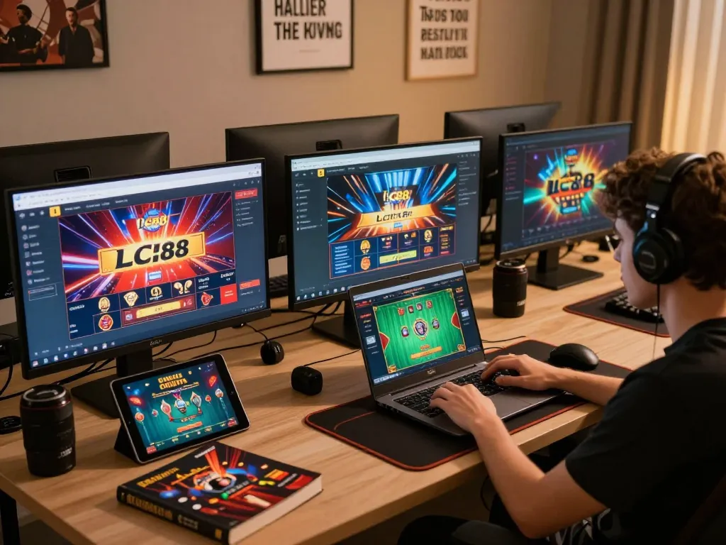 Engaging online gaming setup showcasing LC88 casino app on multiple screens, illustrating a strategic player.