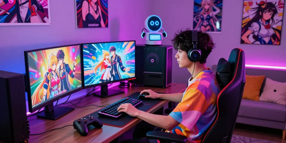 Engaging digital scene featuring vibrant hentai games on multiple screens in a cozy gaming setup.
