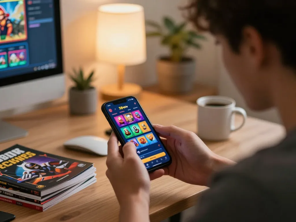Engaged player using the 78win app for an online casino experience at home.