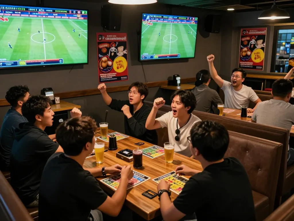 Fans engaging in sports betting with cacuocbongda at a lively sports bar.