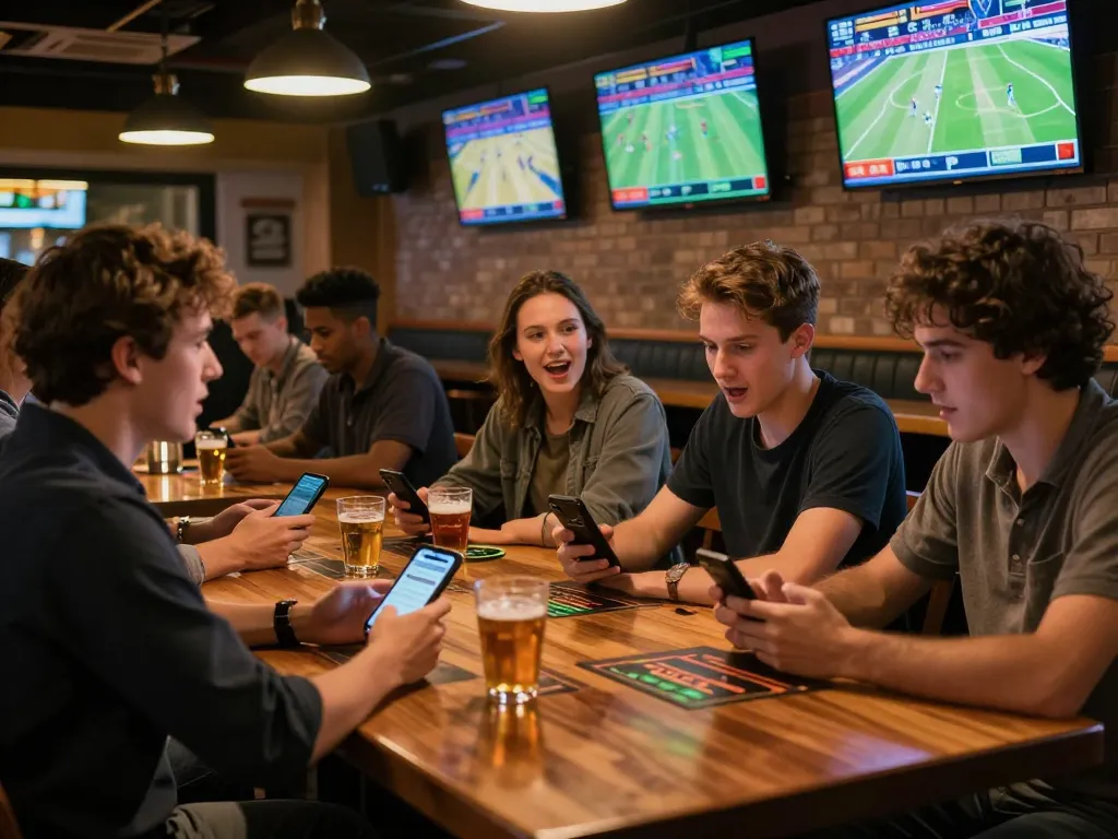 Engaged sportsbook patrons using 33winf for live betting as excitement fills the air, sports screens illuminated.