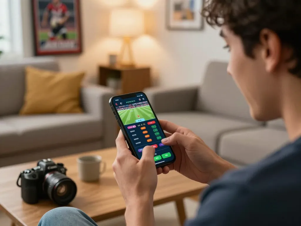 Xoilac sports betting excitement captured as a user places a bet on a smartphone.