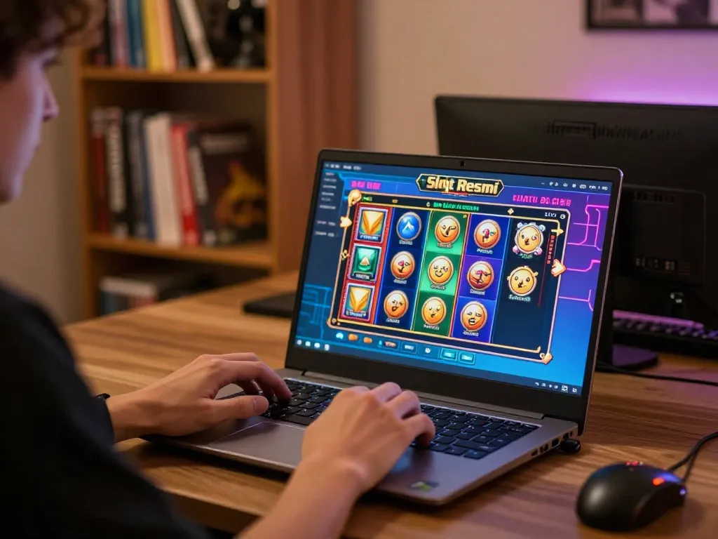 Engaged player enjoying Slot Resmi on their laptop in a cozy online gaming setup