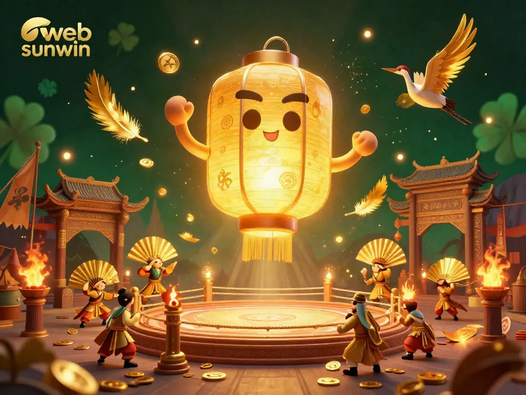 Experience web sunwin in this vibrant 3D casino scene showcasing golden lanterns, dynamic characters, and energetic betting elements.
