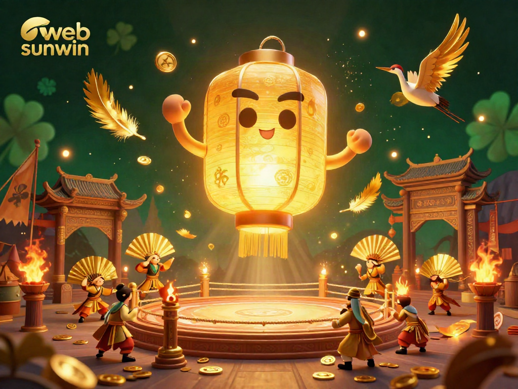 Experience web sunwin in this vibrant 3D casino scene showcasing golden lanterns, dynamic characters, and energetic betting elements.