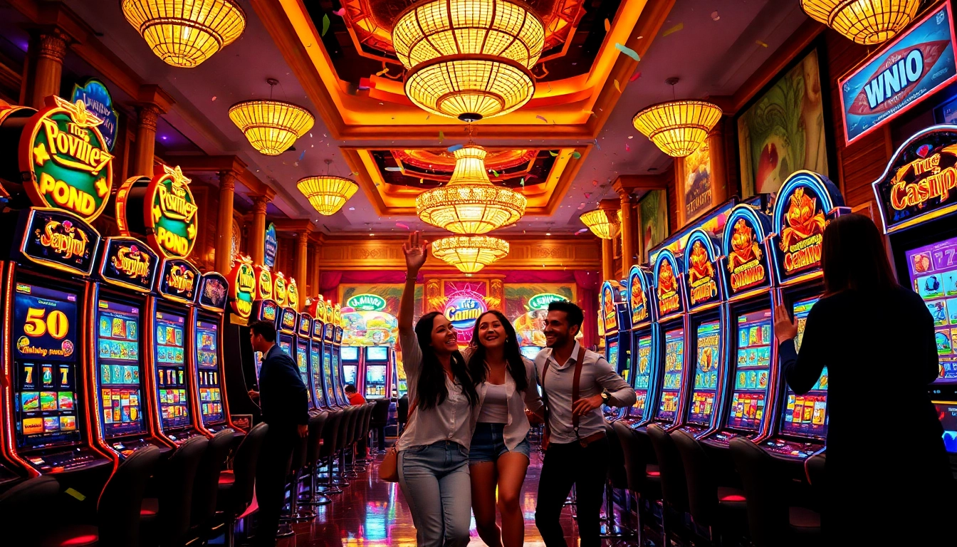 Pemain kasino merayakan kemenangan pada xgslot88 dengan latar casinos yang berkilau.