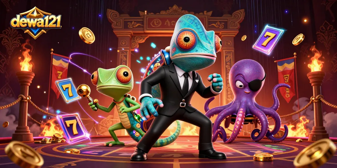 Rasakan petualangan kasino yang mendebarkan dengan dewa121, menampilkan tokoh chameleon yang playful dan guru gadget di tengah mesin slot yang berputar.