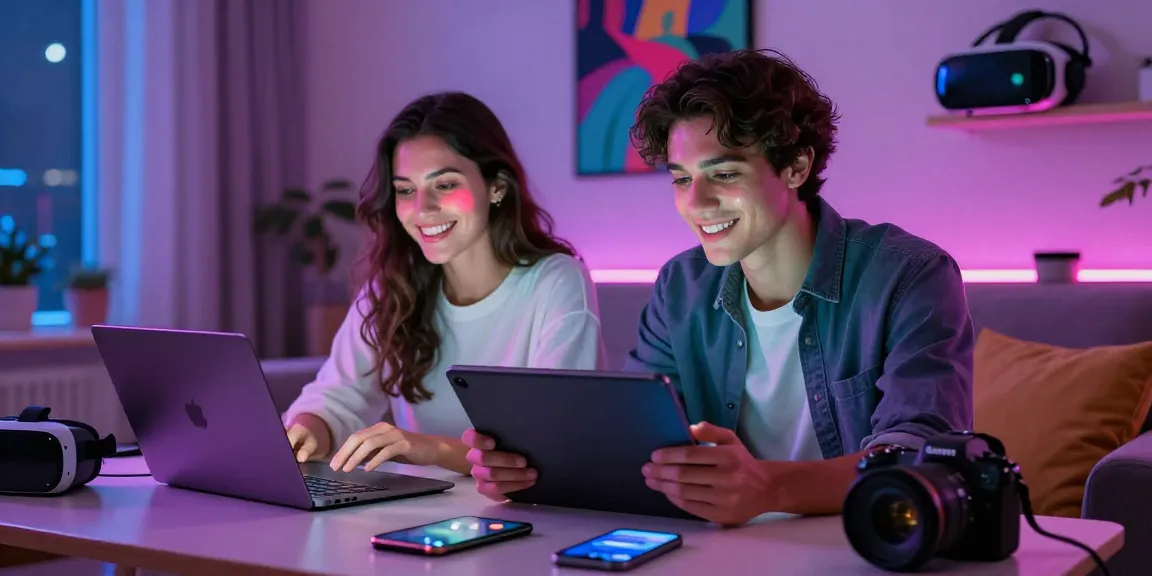 Engaging in ai sex chat with vibrant tech gadgets and ambient lighting in a modern setting.