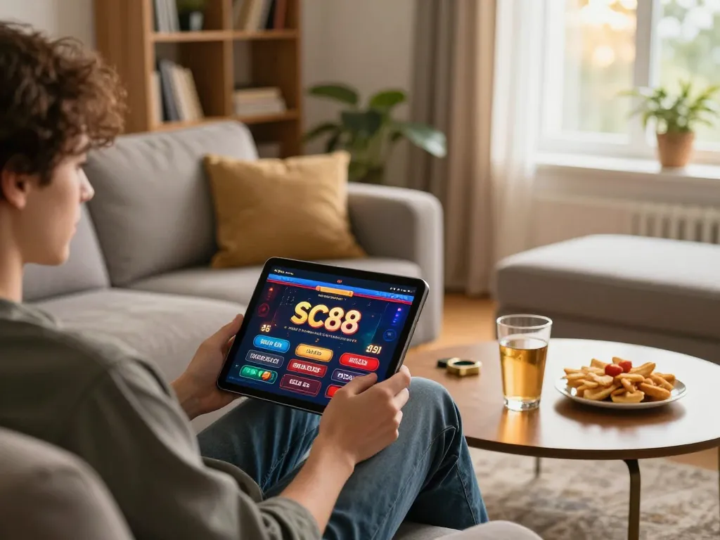 Players enjoying SC88 online gaming experience on tablet in cozy living environment.