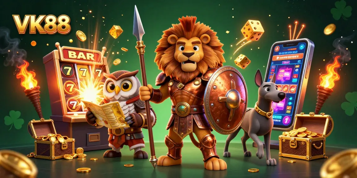 Spin the slots at VK88 with a dynamic scene of a lion, owl, and greyhound celebrating casino wins.