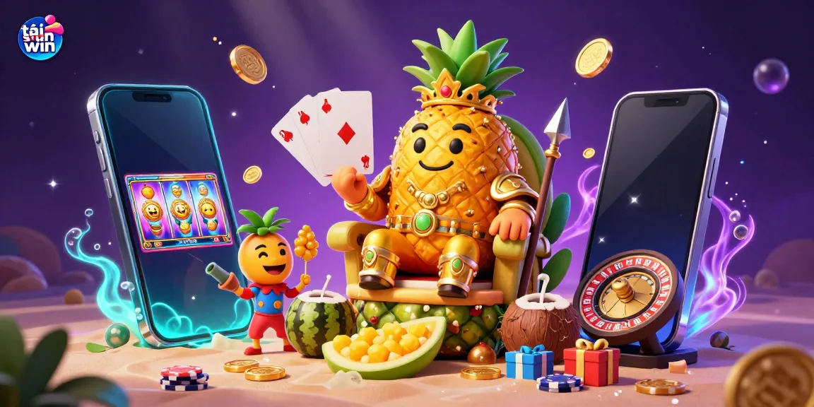 Experience the excitement of tải sun win with a vibrant casino scene featuring a golden pineapple king and dynamic gaming elements.