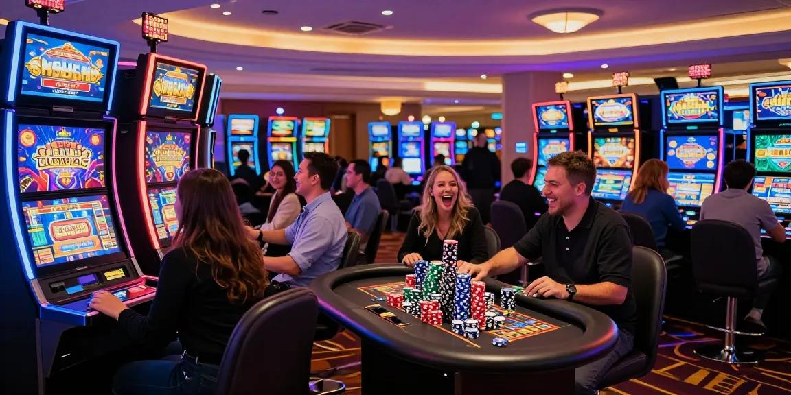 Situs slot gacor dengan suasana kasino yang cerah dan ramai, pemain berinteraksi dengan mesin slot modern.