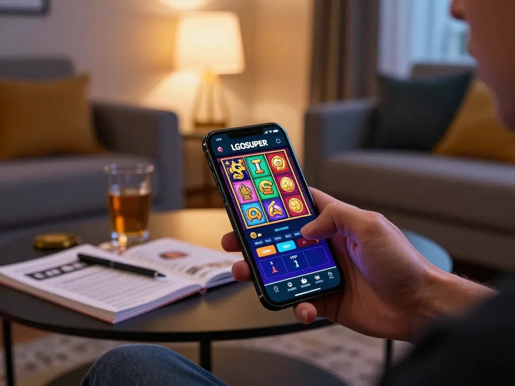 Engaging with LGOSUPER casino app on smartphone in a cozy home setting while enjoying online gaming.