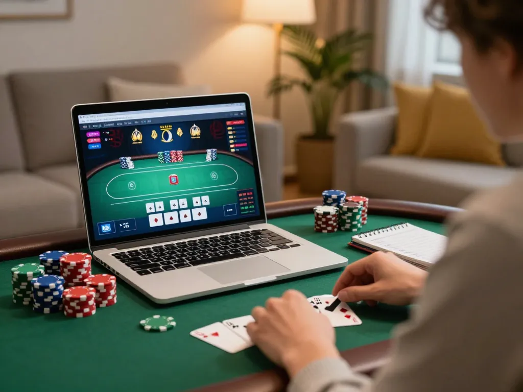 Player wins at online poker with o8, focused strategy, vibrant chips and a cozy setting.