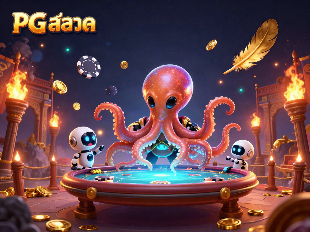 Engage in thrilling PG สล็อต gameplay with a cartoon octopus and robot at a holographic poker table.