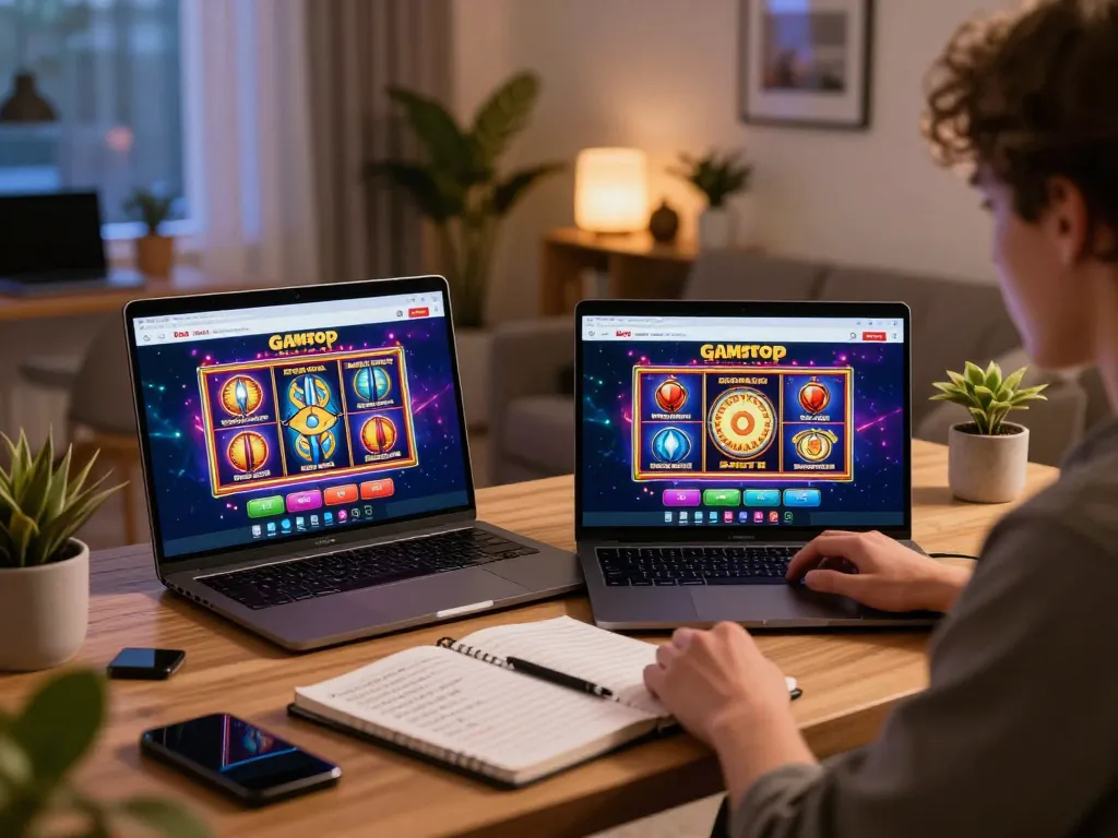Player exploring non gamstop casino site on laptop, warm home office vibe, strategic betting