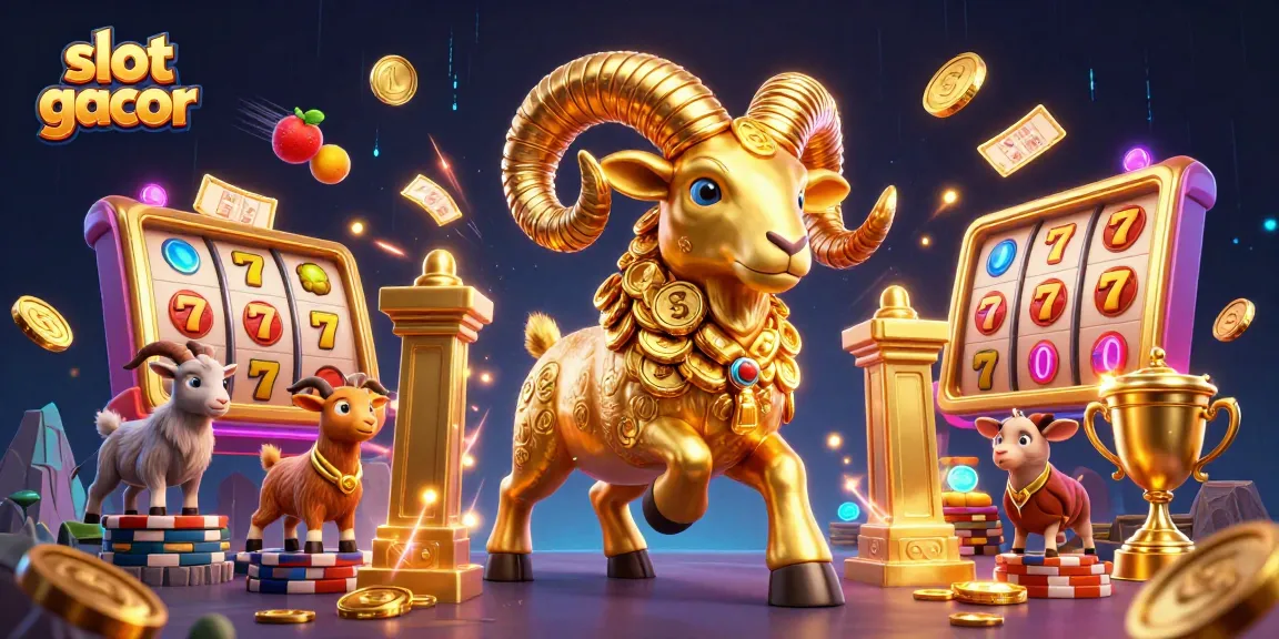 Slot gacor menarik perhatian dengan ilustrasi domba emas dan elemen perjudian yang dinamis.