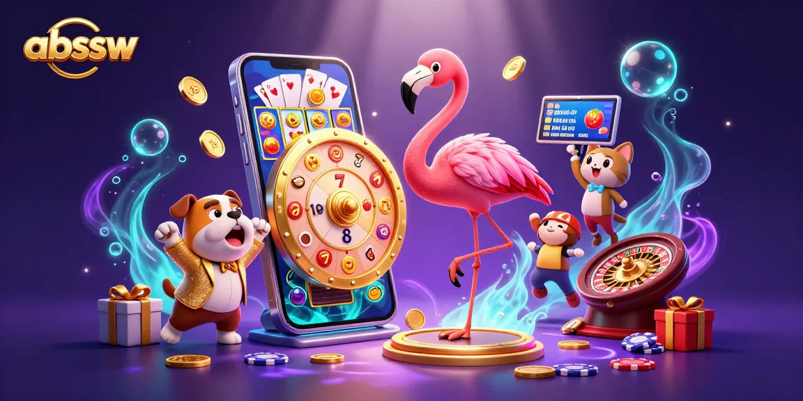 Watch the abssw flamingo host spinning a golden prize wheel amidst a lively casino scene.