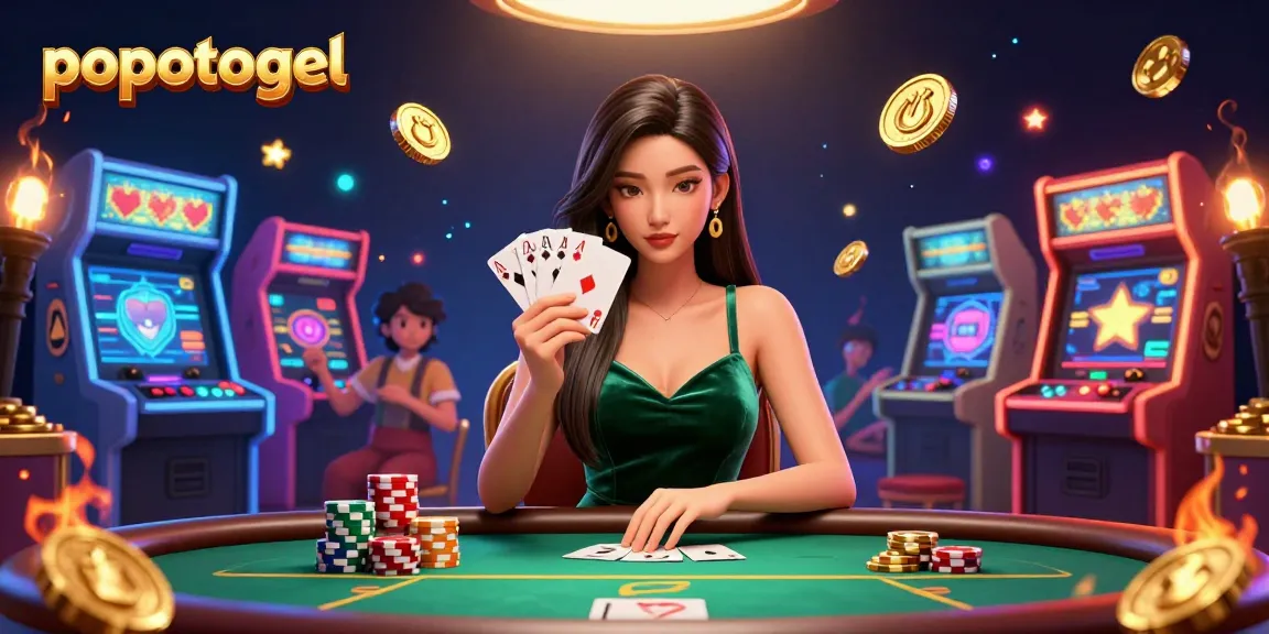 Engage in thrilling gameplay with popotogel while winning at the luxury poker table surrounded by vivid arcade elements.