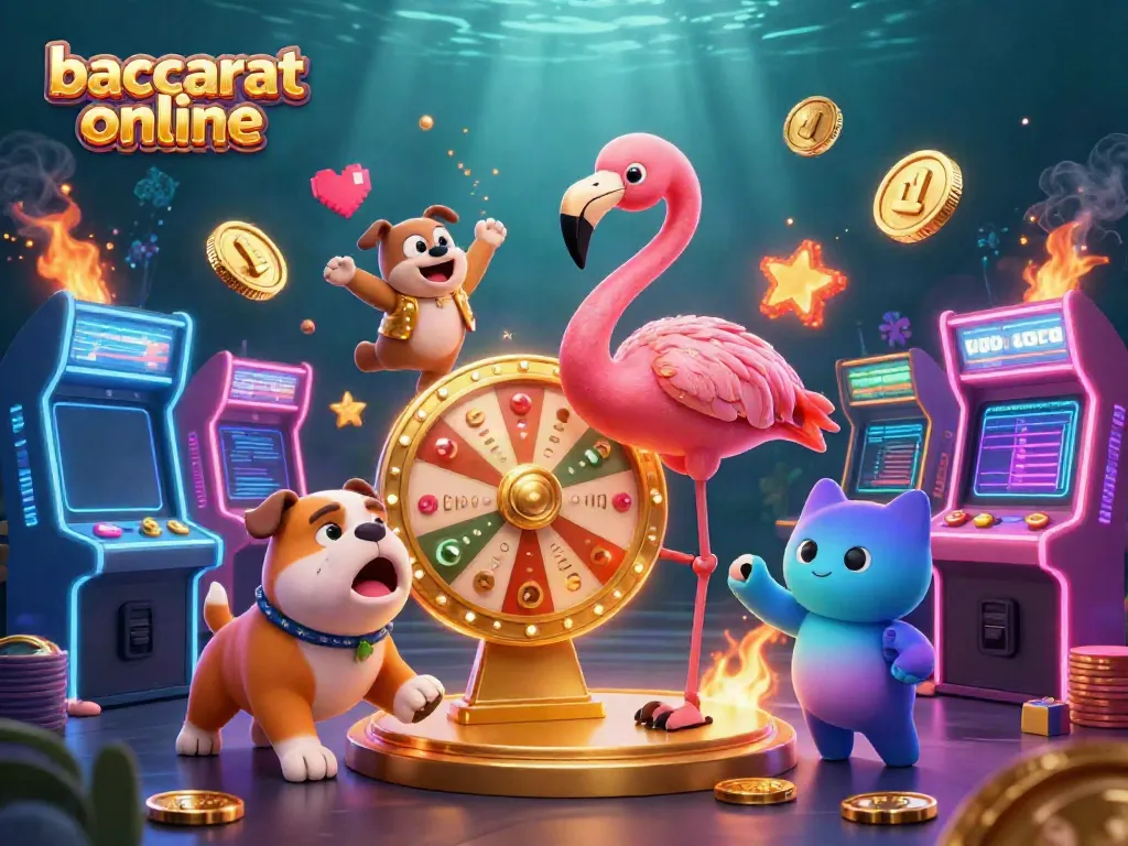 Engage with baccarat online in this animated depiction featuring lively casino elements.