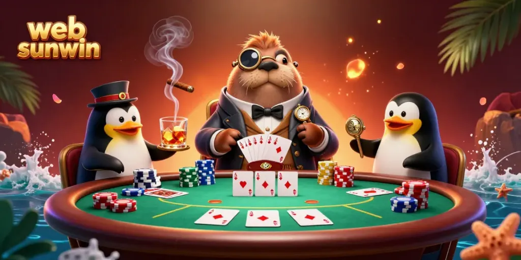 Play poker with web sunwin featuring a walrus, penguin dealer, and pufferfish in a vibrant underwater setting.