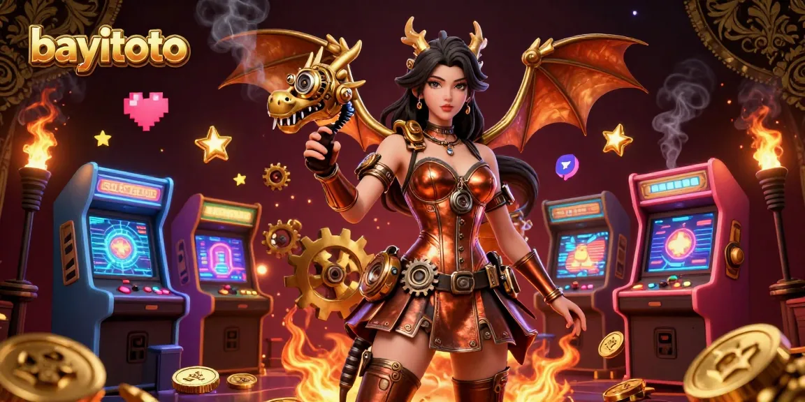 Join the excitement of bayitoto with a steampunk-themed gaming illustration full of vibrant casino elements.