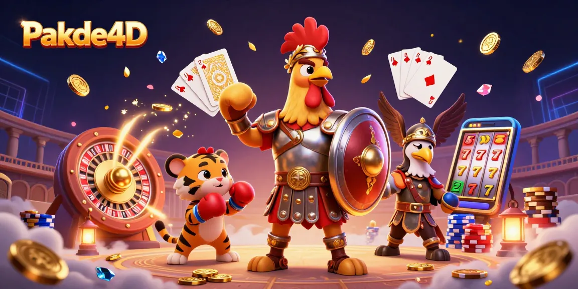 Pakde4D features a lively 3D scene with a gladiator rooster, casino elements, and vibrant details.