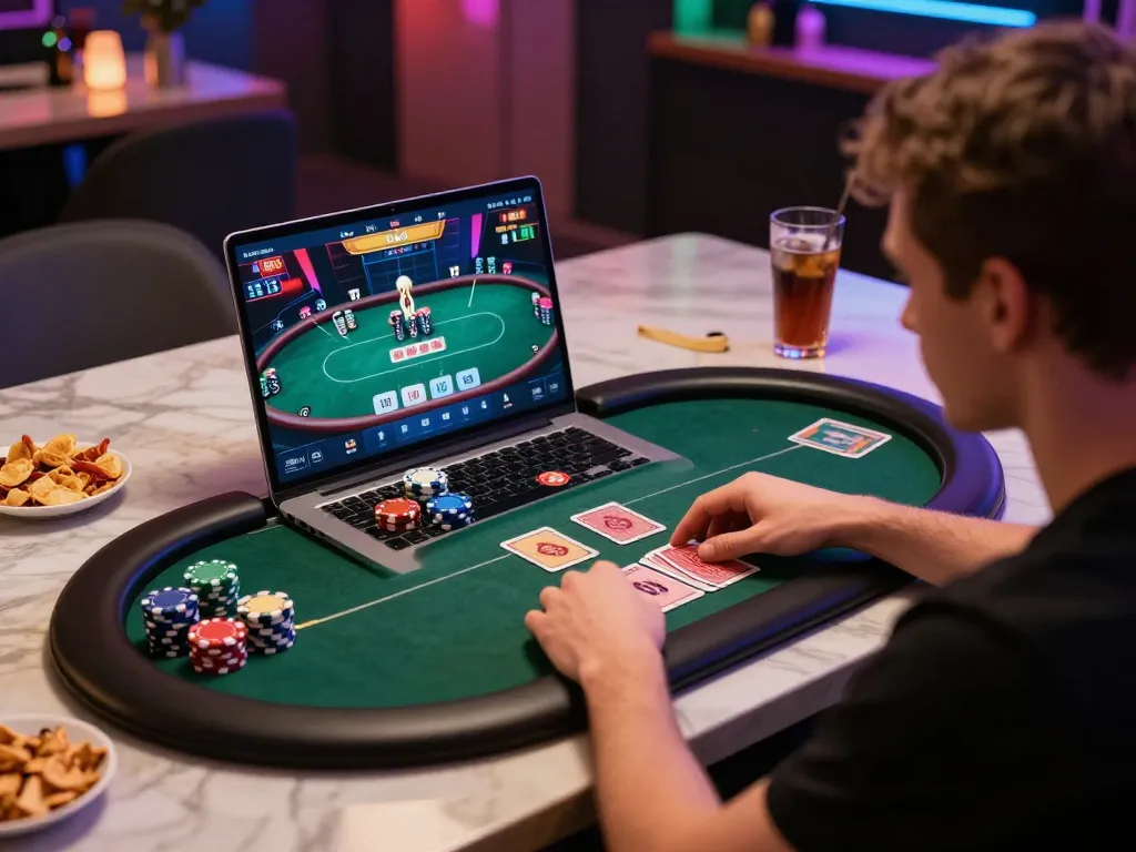 Sunwin player engaging in online poker game with vibrant decor and chips stacked in focus.