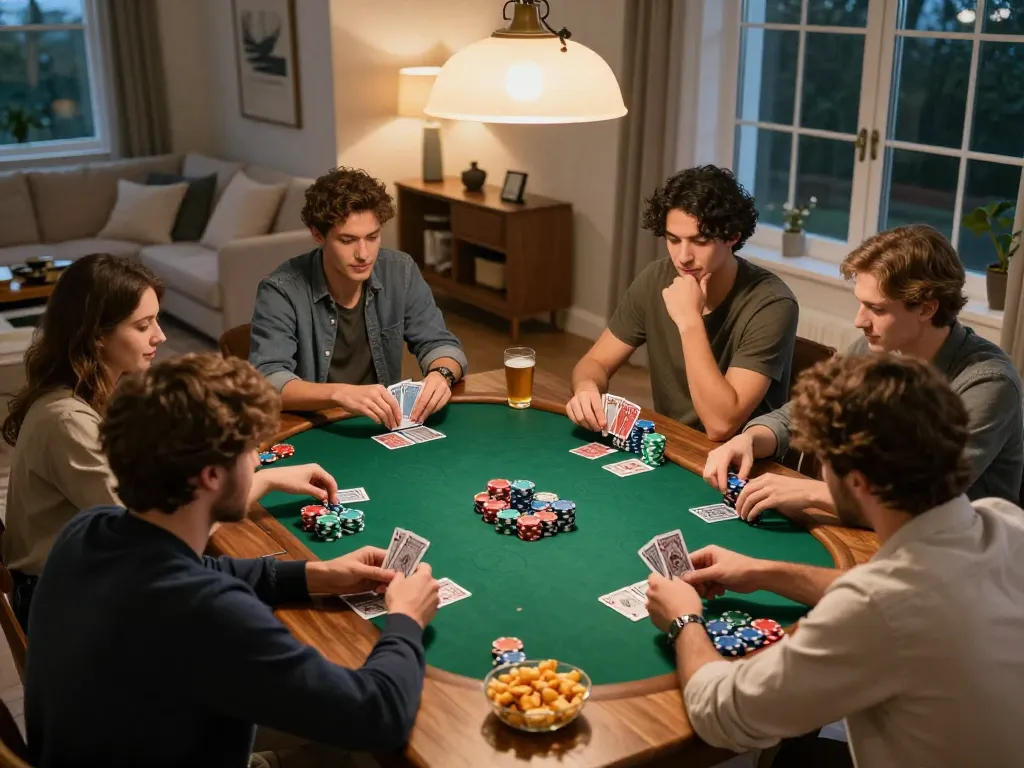 KADAL778 poker night with friends at home, focused gameplay and snacks on the table.