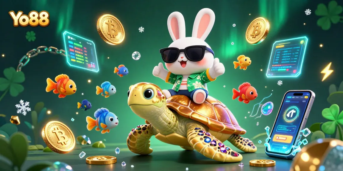 Experience thrilling gameplay at Yo88 with a joyful rabbit and golden turtle in a vibrant casino scene.