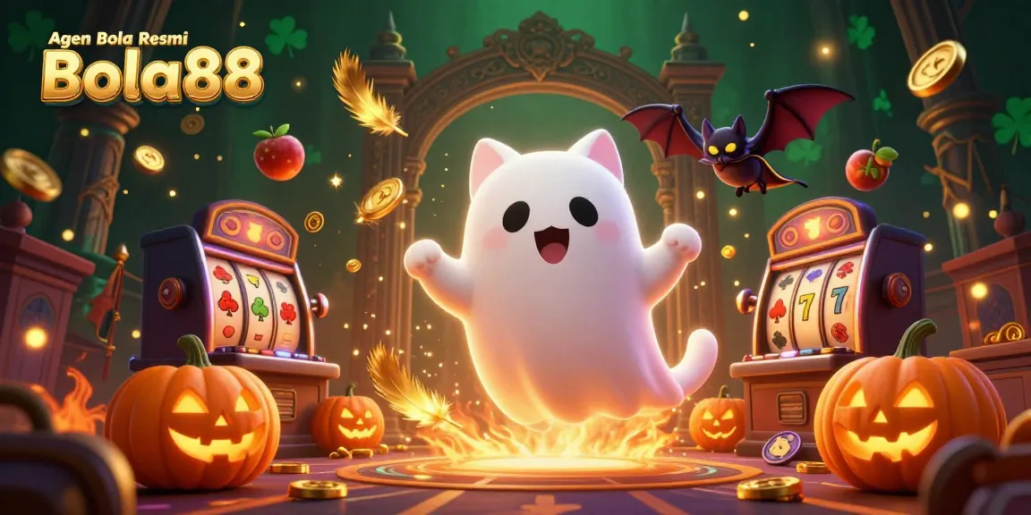 Agen Bola Resmi Bola88 displays a captivating scene of a floating ghost cat and vampire bat in a vibrant casino.