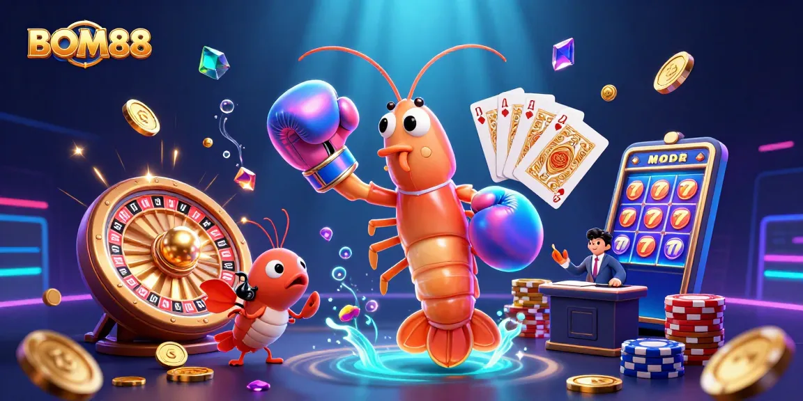 BOM88 showcases a vibrant 3D casino scene with iridescent characters and dynamic gambling elements.