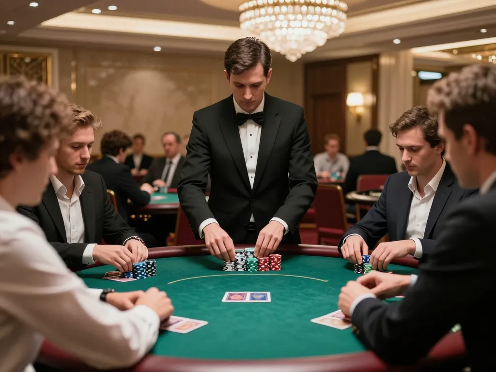 kp88 players engaged in intense poker gameplay with dealer shuffling cards at luxury casino table
