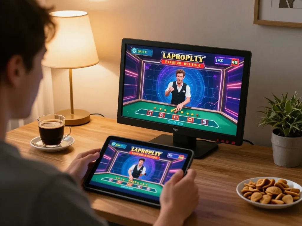 Player engaging with live dealer game on Jun88 casino app in a cozy home setting