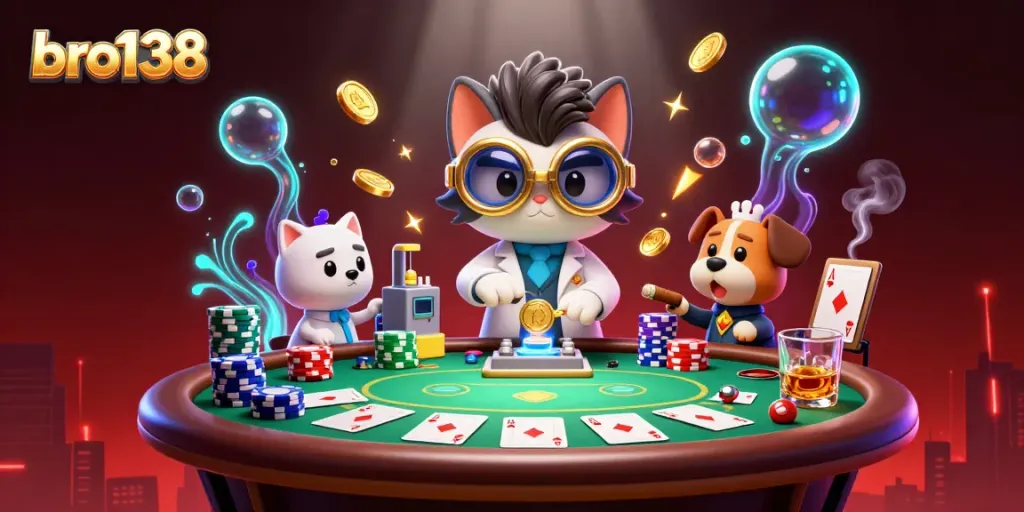 Bro138 players engaging with a vibrant casino scene, filled with poker elements and energetic characters.