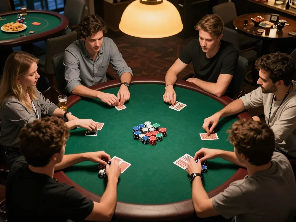 Players strategizing during a poker night at home, showcasing the engaging atmosphere of nego77 gaming.