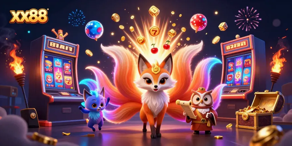 Experience the vibrant excitement of xx88 with a 3D fox spirit and a jackpot explosion in casino art.