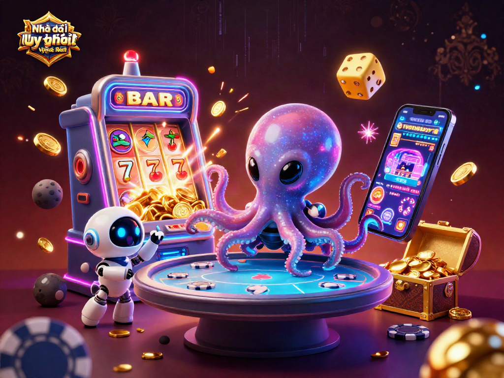 Navigating the vibrant world of Nhà cái uy tín tại Việt Nam with a galactic twist featuring an alien octopus at a holographic poker table surrounded by thrilling casino elements.