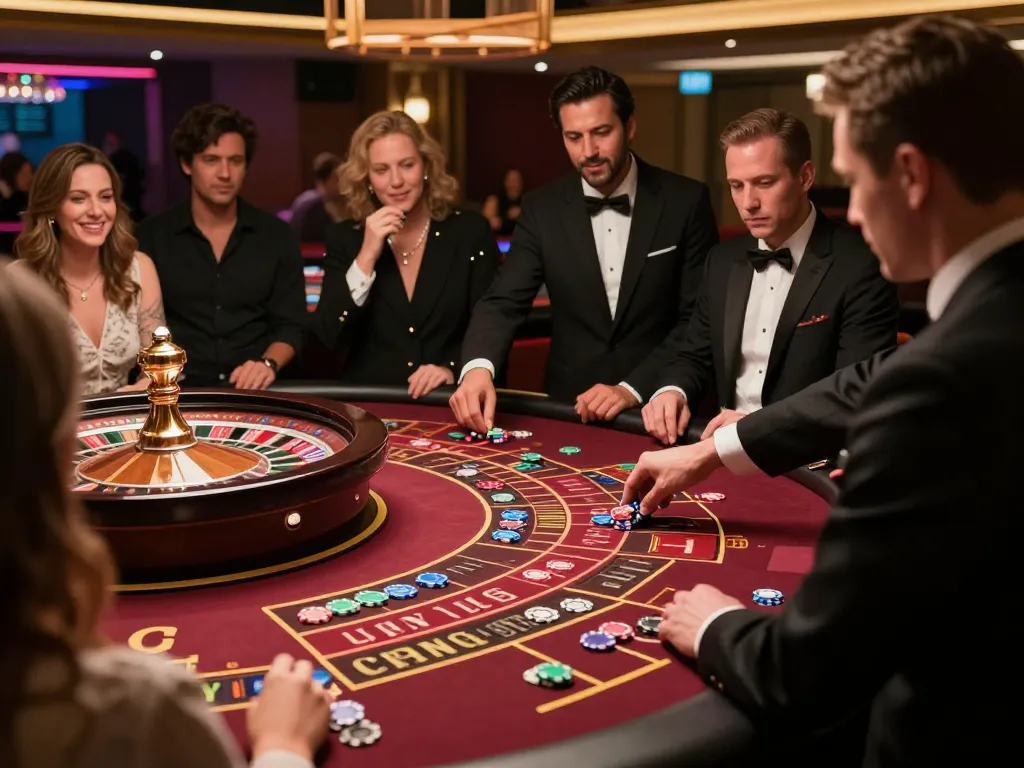 Players at du 88 roulette table eagerly watching the spinning wheel, vibrant casino atmosphere