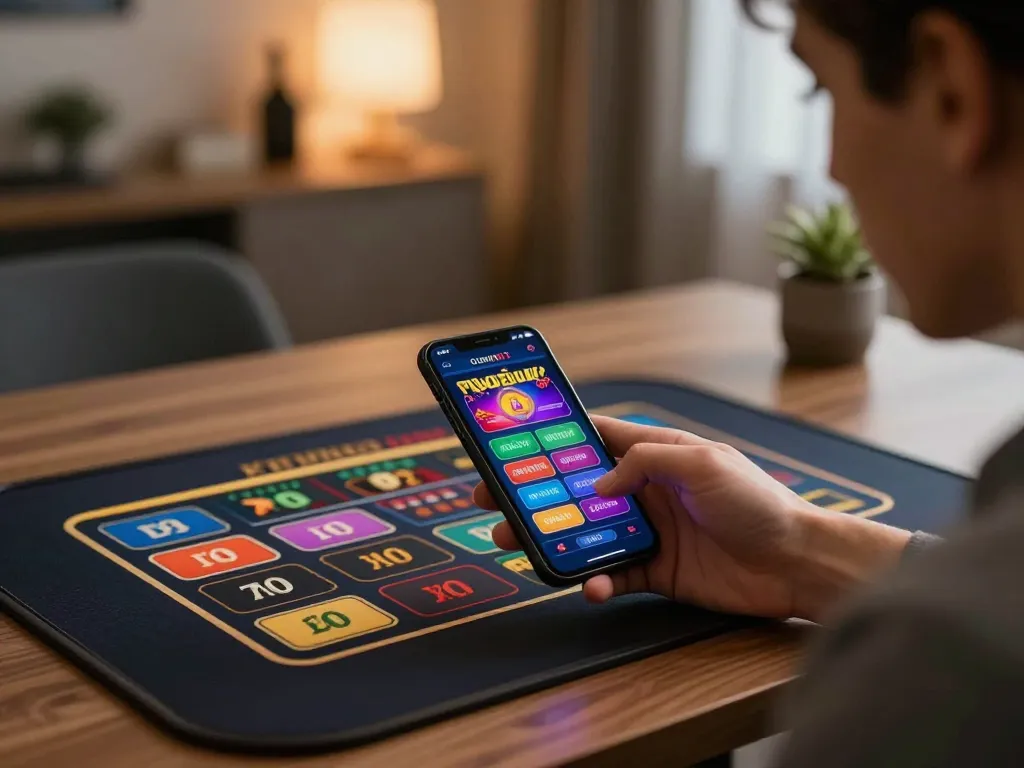 Engaging with the 789F mobile casino app, showcasing a variety of betting options in a cozy home setting.