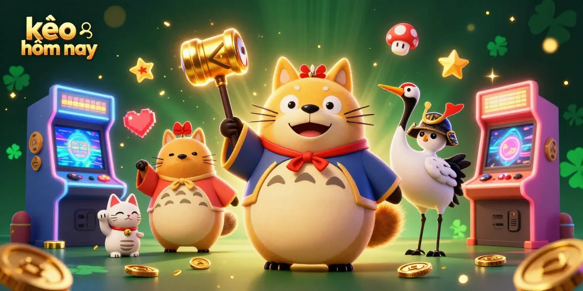 Join the excitement with kèo hôm nay, featuring a cheerful tanuki, a crane, and fortune cats in a vibrant casino setting.