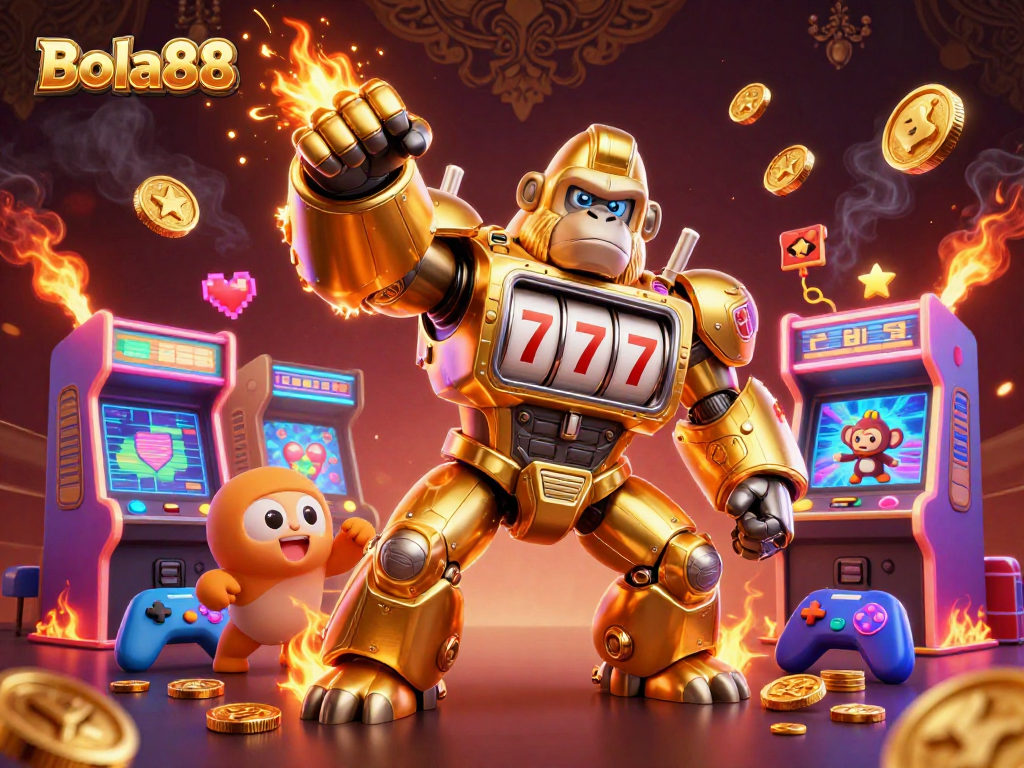 Bola88 menghadirkan keseruan permainan mesin slot dengan gorila emas robot dan banyak elemen kasino lainnya.