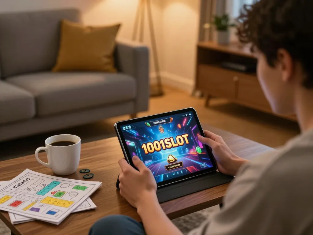 Playing 1001SLOT on a tablet in a cozy living room, enjoying online slot gaming.