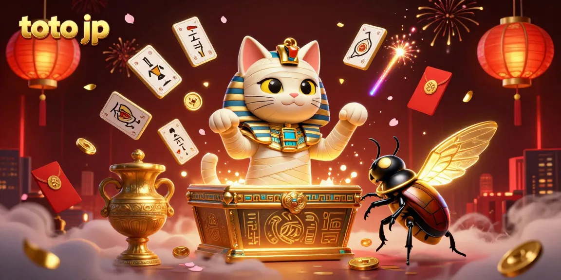 Experience the thrill of toto jp at a lively casino with a mummy cat character amidst vibrant gaming elements.