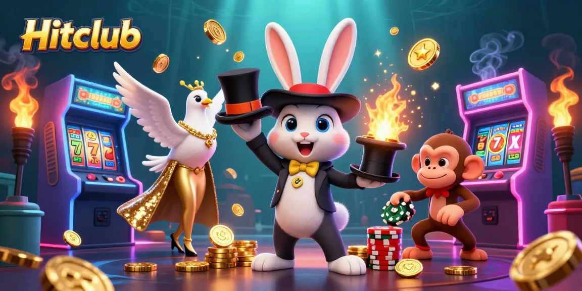 Hitclub's 3D magician rabbit pulls coins in a vibrant casino scene filled with slot elements and dynamic games.