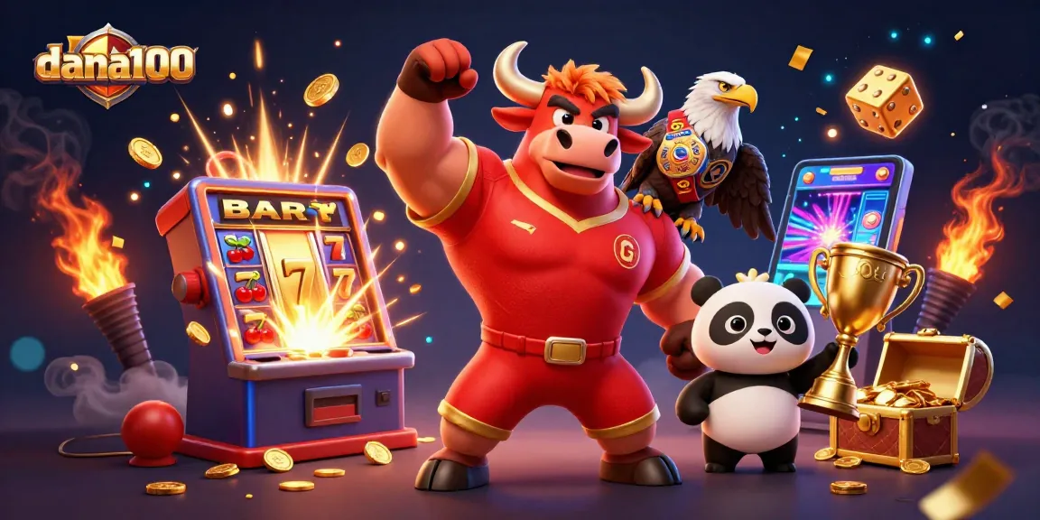 Experience excitement with dana100 as characters celebrate a jackpot win surrounded by casino elements.