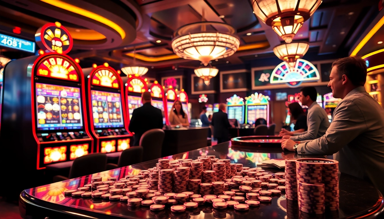 Players enjoying slot gacor games at a vibrant casino atmosphere with colorful machines and chips.